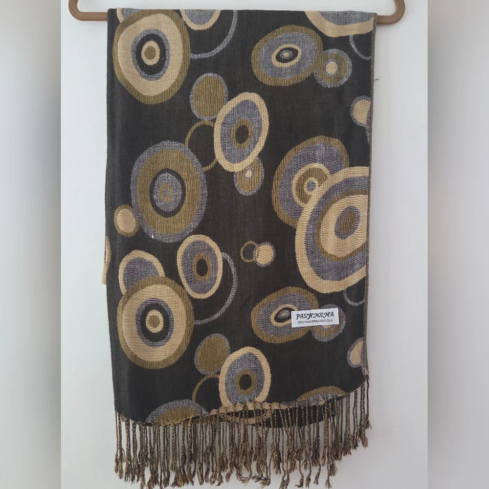 Pashmina Cashmere Silk Brown Beige Circular Patterned Fringe Hem Scarf 28